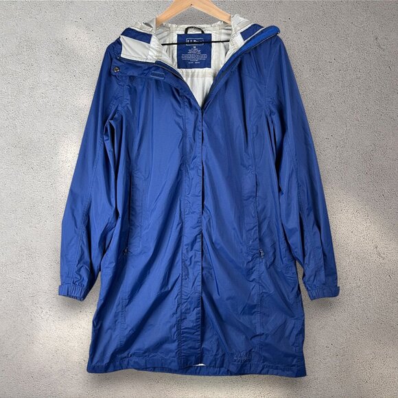 LL Bean Trail Model Raincoat Women's M Blue Long Waterproof Jacket Hooded Rugged - Picture 1 of 13
